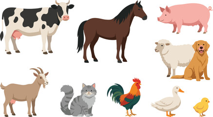 Fototapeta premium Farm Animals and Domestic Livestock Vector Illustration Set Featuring Cow, Horse, Pig, Sheep, Goat, Chicken, Duck and Rural Agriculture Collection