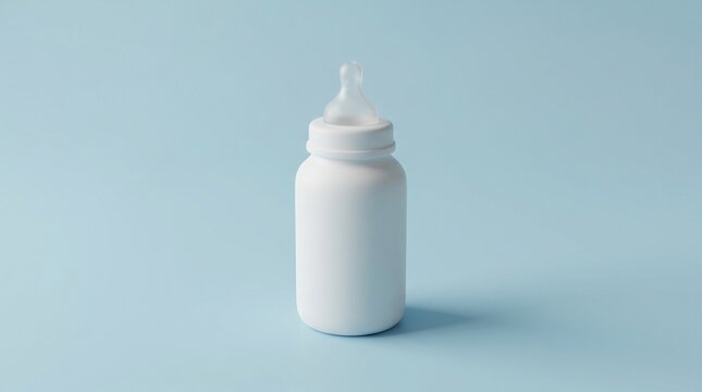 A minimalist blank white baby feeding bottle with a clear silicone nipple standing against a solid light blue background