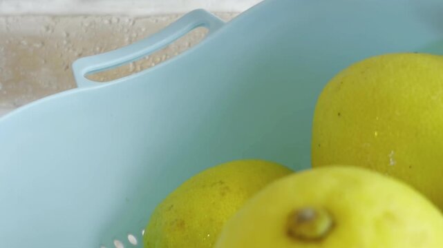 Fresh lemons in a light blue colander with water drops, a close up shot showcasing the preparation of healthy food and the concept of a natural diet and vitamin c