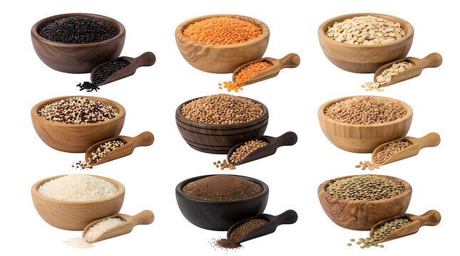 Collection of bowls and scoops filled with various grains legumes and seeds.