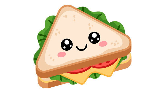 Cute cartoon sandwich character with a smiling face, adorable fast food vector illustration isolated on black background