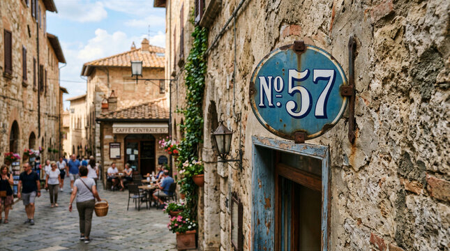 Vintage No 57 sign on stone wall in narrow historic Italian town street
