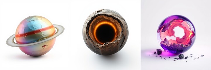 Fototapeta premium Three images depict spherical objects. First shows planet with rings. Second, dark tunnel view. Third, cracked sphere glows purple.