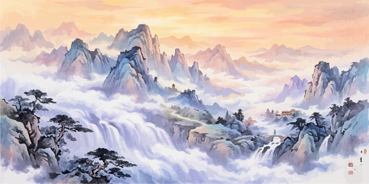 Traditional oriental ink wash landscape featuring cascading waterfall and mountains sumi e waterfall mountain landscape painting traditional oriental watercolour artistic ethereal tranquil