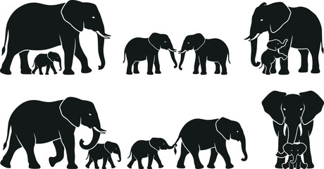 African Elephant Family Silhouette Collection with Parent and Calf Wildlife Poses, Safari Animal Scenes, and Nature Conservation Vector Set © MstSuborna
