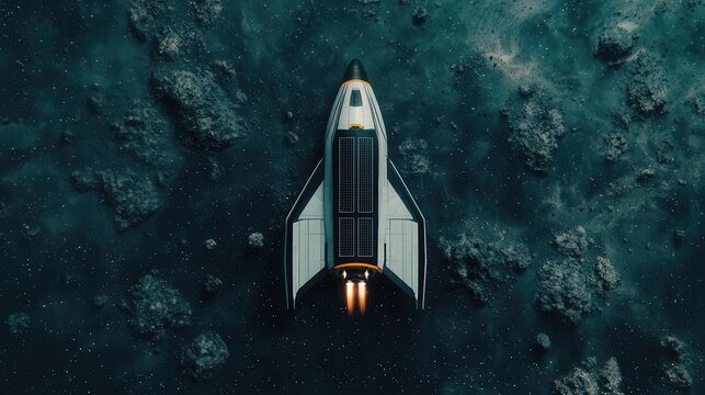 Sleek private spacecraft with solar sails and blackgold trim near asteroid belt, futuristic vehicle, exclusive design
