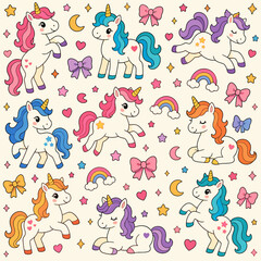 Obraz premium Cute cartoon unicorns with colorful manes and tails, surrounded by stars and rainbows