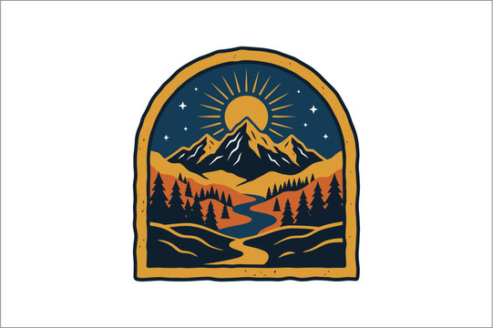 Beautiful arch patch badge featuring high mountain peaks yellow sun rays starry night sky winding river and pine forest