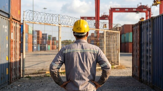 Logistic supervisor in yellow hard hat and uniform standing in front of secure shipping container yard gate looking at massive cargo stacks in industrial harbor