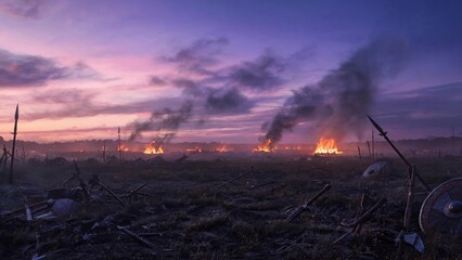 Obraz premium Battlefield at Twilight with Distant Fires, Smoke Columns, and Scattered Weapons in Dark, War-Torn Landscape