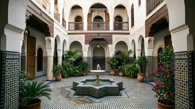 Moroccan riad courtyard, zellige tiles, fountain, morning light, no people
