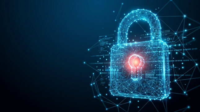 Cyber security digital padlock with glowing plexus network on blue background