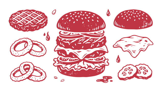 Fast food burger elements collection. Linocut style cheeseburger, bun, patty, onion rings, and pickle stamp design
