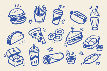 Obraz premium Fast Food Set Naive Doodle Vector Illustration