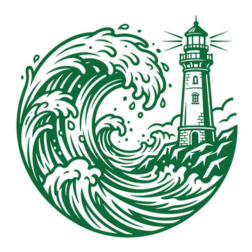 Graphic illustration of lighthouse and large ocean wave with lighthouse maritime illustration landscape