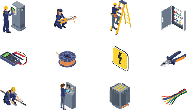 Isometric Electrician Worker and Electrical Engineering Maintenance Vector Element Set with Technicians, Multimeter, Control Panel, Wire Spool, and Tool Icons