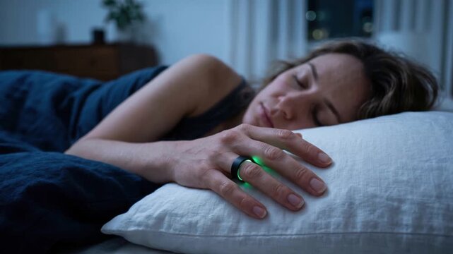 Close up of a peaceful woman sleeping in bed at night while wearing a biometric smart ring on her finger that glows with a flashing green LED sensor light for health and sleep monitoring.
