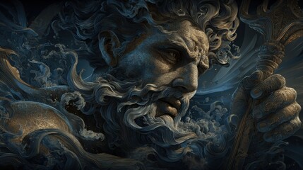Greek mythology sea god Poseidon. Fantasy. A detailed digital artwork depicts a male figure, likely a deity or mythological figure, in a side profile. © rabbit75_fot