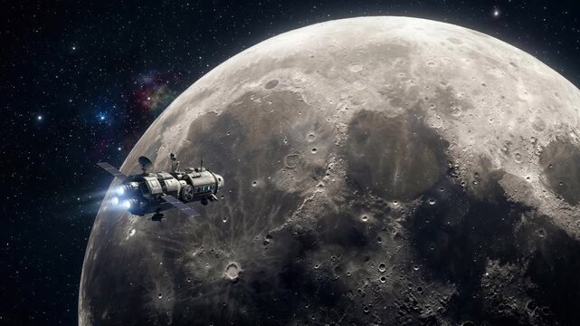 Sci-fi animation of a futuristic spaceship flying in orbit over the detailed surface of the Moon against a backdrop of glowing stars and deep space nebula.