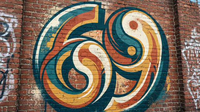 Urban graffiti mural on red brick wall with abstract swirling circular patterns