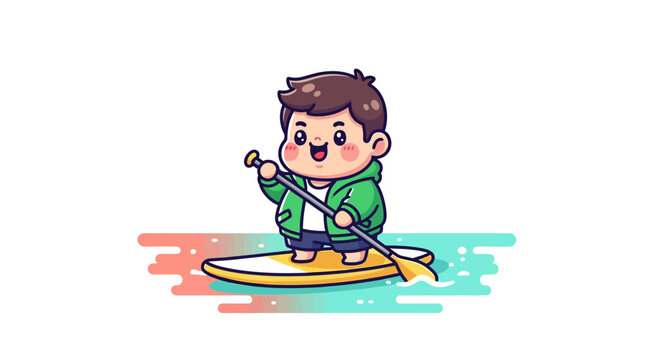Cheerful cartoon character surfing on colorful waveboard.