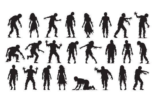 Set of black zombie silhouettes in various walking poses