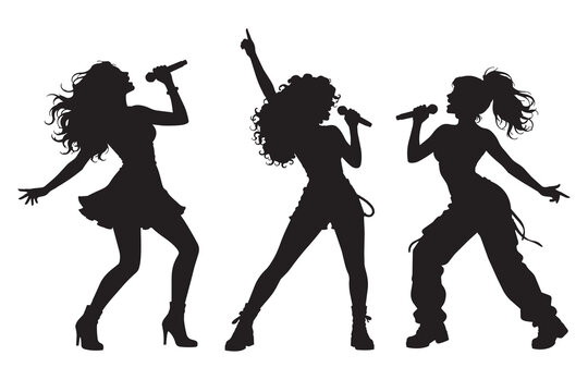 Three female singers holding microphones performing on stage