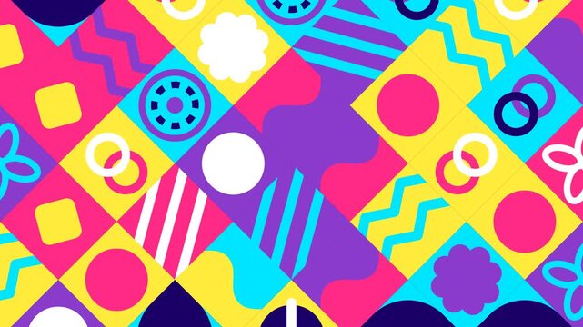 Vibrant abstract geometric pattern with diverse shapes and bright colors, creating a playful and dynamic visual design.