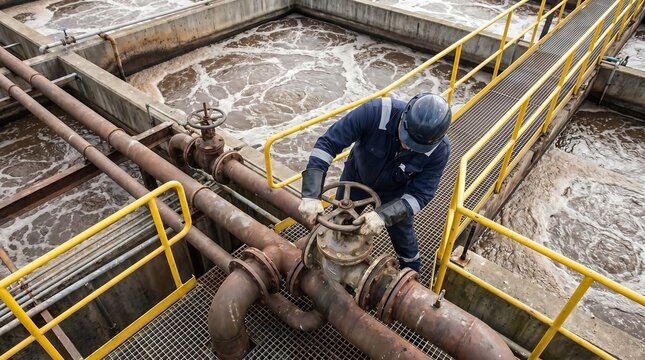Technician in blue work uniform and safety gear operating a large manual valve at a modern water treatment facility with filtration tanks and industrial pipes