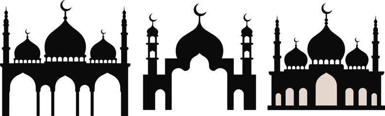 Black mosque silhouettes vector set with traditional domes minarets and crescent moon symbols isolated on white background © Tanzila