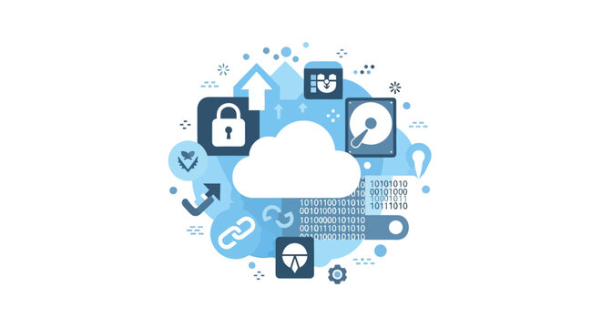 Cloud Computing and Data Security Concept Illustration with Digital Storage Icons and Binary Code