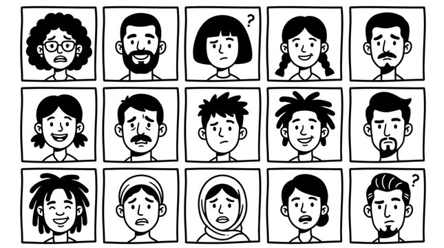 Diverse Cartoon Faces with Various Emotions and Expressions
