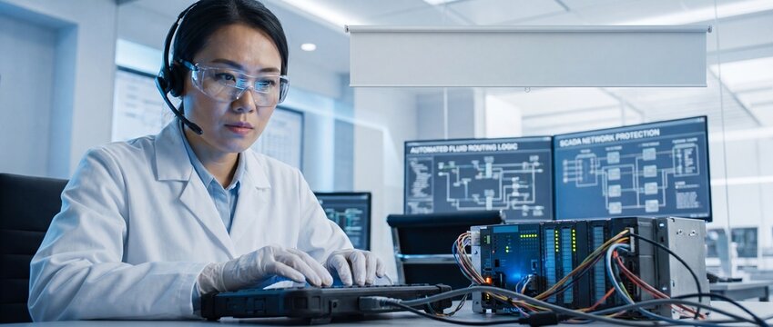 Female industrial engineer programming PLC controller in SCADA network control room lab environment, focused technical support and cyber security automation monitoring for smart factory operations