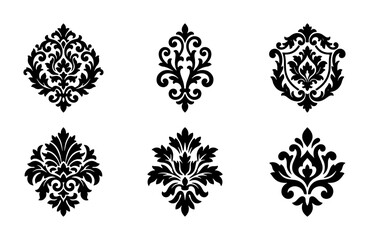 Obraz premium Ornate Damask Flourish Emblems, Classic Baroque Decorative Elements, Elegant Victorian Scrollwork Motifs, Black and White Vector Set