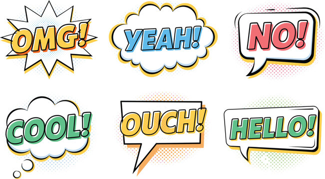 Retro comic speech bubble text sticker design set with colorful halftone shadow pop art sound expression clouds vector illustration.