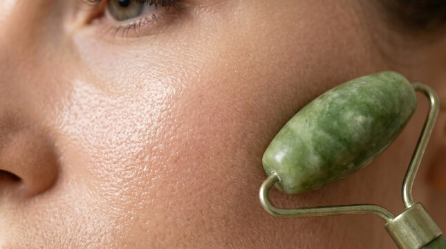 Skincare product application using a green jade roller on face