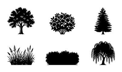 Diverse Tree and Plant Silhouettes, Garden Elements, Landscape Design Vector Icons, Nature Graphics Set © Nusrat