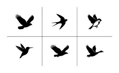 Obraz premium Diverse Bird Silhouettes Collection, Vector Icons Set: Swallows, Eagles, Hummingbirds, Geese, and Magpies in Flight, Graphic Elements for Nature and Wildlife Designs
