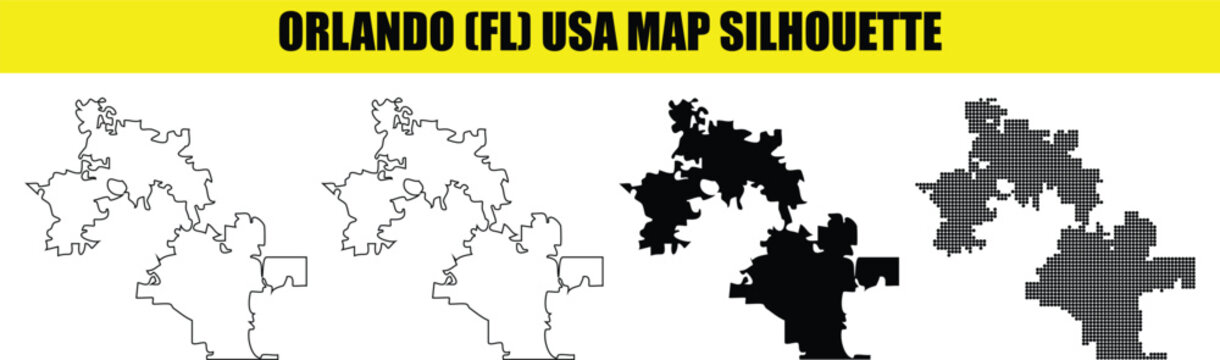 Orlando city florida map vector silhouette set with outline solid and halftone patterns on checkered background.