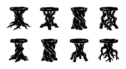 Twisted Tree Trunk Pedestals, Rustic Wood Stands, Organic Display Bases, Set of 8 Black Vector Elements for Nature Decor © Imran