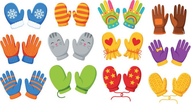 Colorful winter mittens and gloves vector illustration set with cute cartoon patterns and knitted textures for cold weather apparel fashion design.