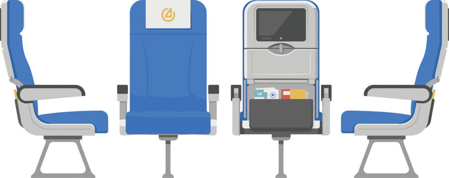 Airplane economy class passenger seats vector illustration set with front back and side views for aviation commercial flight travel interior design.