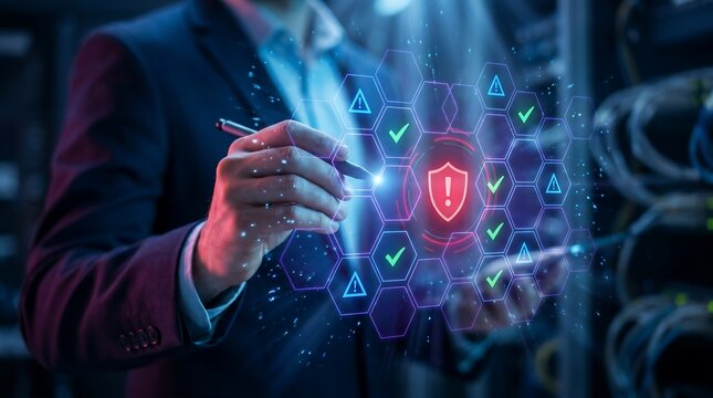 Professional businessman writing on digital interface with glowing security shield and warning icons representing cyber threat detection and network vulnerability assessment in server room