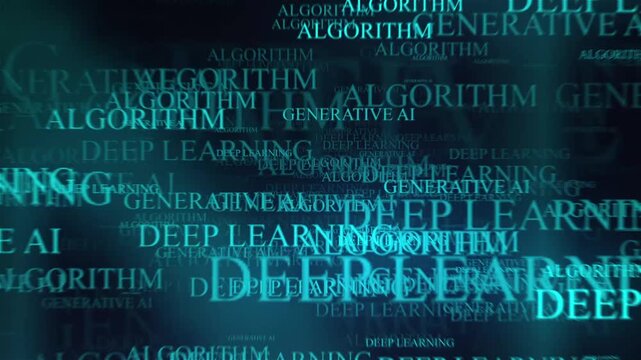 Artificial Intelligence Technology Word Cloud Animation with Glowing Teal Text
