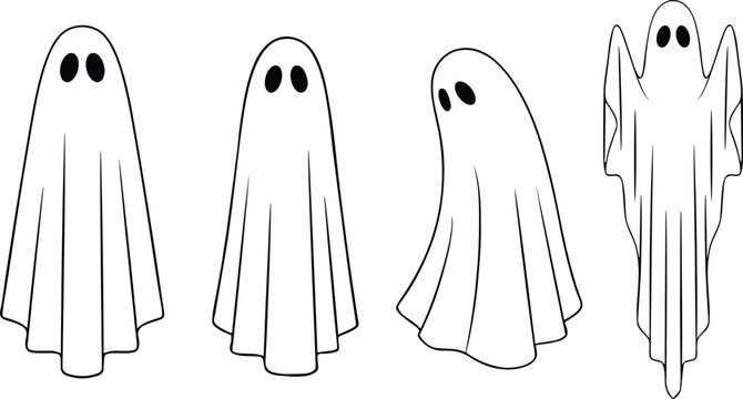Spooky Halloween ghost line art vector illustration set with various floating white sheets and scary phantom outlines for horror holiday design.