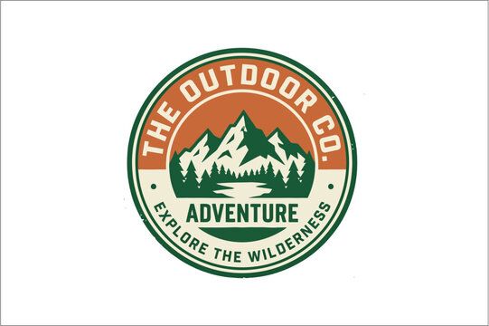 Minimalist vintage the outdoor company adventure circle patch design with prominent green mountain peaks and explore the wilderness text