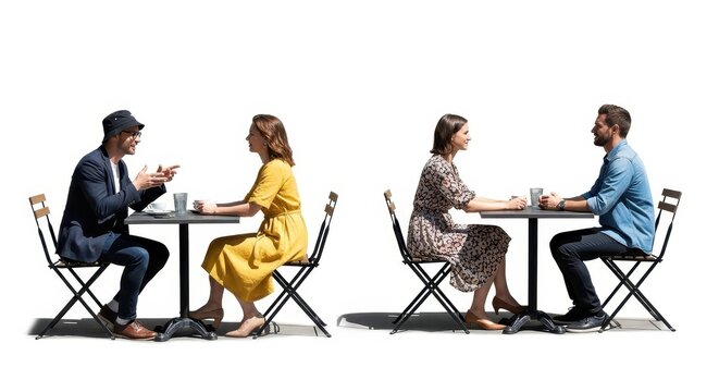 Two couples sitting at cafe tables isolated on white background
