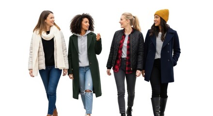 Naklejka premium Four diverse young women walking together and chatting, dressed in stylish autumn and winter clothing isolated on white background