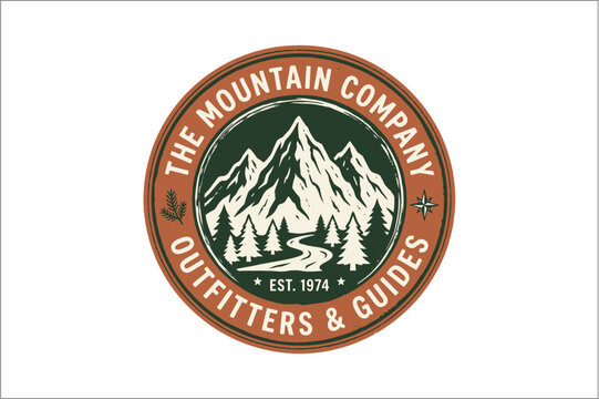 Vintage mountain company emblem vector badge featuring majestic snowy peaks forest pines and rustic outdoor adventure outfitters guides circle design
