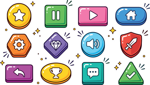 Colorful Casual Game UI Menu Button Vector Icon Set Featuring Play Pause Home Settings Trophy Shield Diamond and Chat Symbols for Mobile App Design
